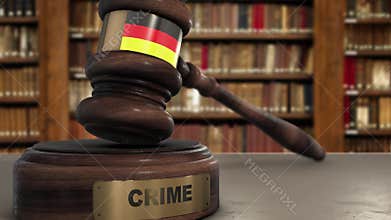 Germany Flag on Judge Gavel or Hammer in Court with Word Crime. Crime in Country Concept