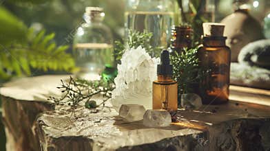 A collection of aromatic essential oils and natural crystals highlighting the use of naturederived elements in enhancing