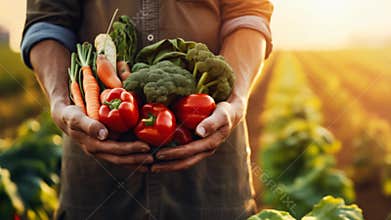 farmer holding fresh vegetables in hands and walk on harvest field. organic farming