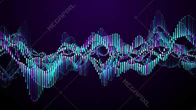 Equalizer waves with bright purple and blue colored stripes randomly float on a dark shiny background
