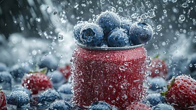 soft-drink can 330ml floating, tilted up slightly, facing camera, little chunks of blue berries in the air scattered too