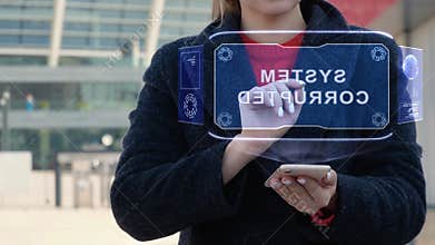 Woman interacts HUD System Corrupted