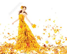 Fashion Autumn Woman, Fall Leaves Dress, Beauty Girl Model Gown