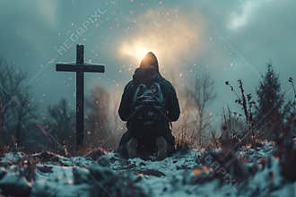 Devout catholic man bowing in prayer before crucifix on hill, seeking divine guidance and strength