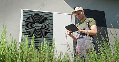 Technician using a tablet to inspect an outdoor heat pump unit on a sunny day.