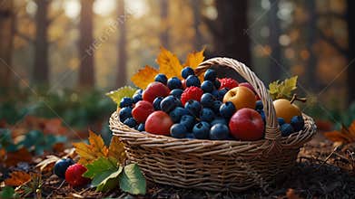 Basket overflowing with fruit resting on forest floor