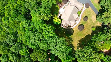 Aerial top down of beaten path in green forest in summer coal country Pennsylvania Appalachia