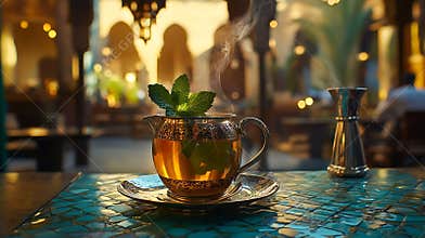 Generative AI Mint green tea Moroccan traditional drink Close up business concept.