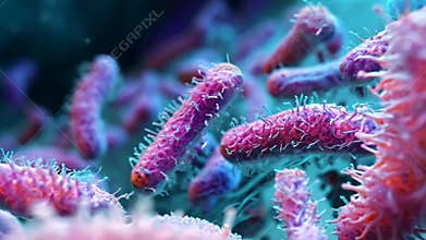 E Coli cells or Microscopic Bacteria floating under microscope