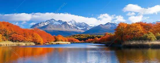 Autumn landscape with colorful foliage reflecting in a serene river, framed by snow-capped andes mountains
