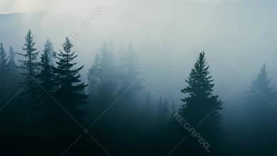 A misty forest with tall pine trees standing in dense fog, creating a mysterious and moody atmosphere. 4k Video