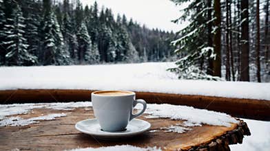 Enjoying a hot beverage on a snowy winter day with a view of a snow-covered forest