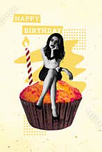 Composite trend artwork 3D sketch image photo collage of greeting card happy birthday anniversary cupcake candle fire