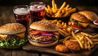 Unhealthy Fast Food Delivery Menu Featuring Burgers, Cheeseburger, Nuggets, Fries, Fizzy Drinks. Highly Processed, Low