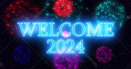 Neon color Goodbye 2023 Welcome 2024 text illustration with neon colorful fireworks in high-resolution.