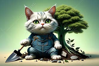 A plump cat gardener with a shovel and a tree.