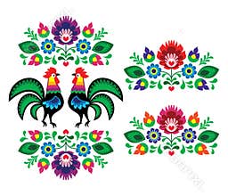 Polish ethnic floral embroidery with roosters - traditional folk pattern