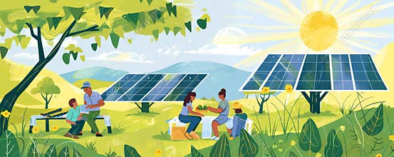 Solar energy background showing a family enjoying a picnic under solar panel canopies, with the sun