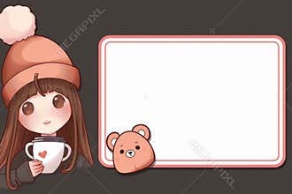 Cute girl holding a cup next to a blank white name tag with pink borders and adorable teddy bear
