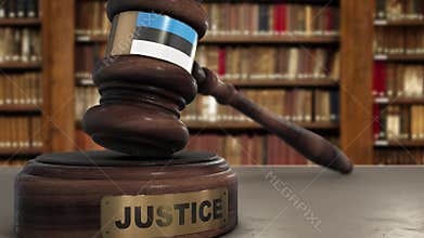 Estonia Flag on Judge Hammer in Court with Word Justice. Justice System Concept