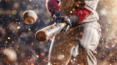 Baseball athlete in action on the stadium, close-up of baseball batter hitting the ball