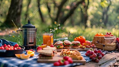 A picnic table in the woods with sandwiches, fruit, and drinks.
