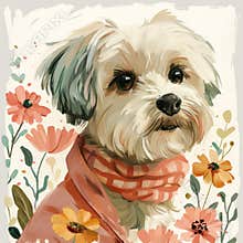 Cute Adorable Poster with Maltese Dog and Flowers. Pastel Puppy Illustration.