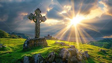 Celtic cross on green hill with sunshine in the sky. Heavenly light behind ancient symbol of faith