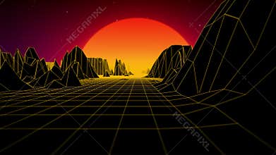 Retro sunset background with glowing yellow grid landscape and moving camera