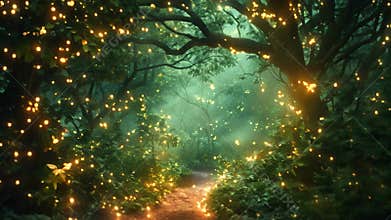 Dense forest with numerous yellow lights glowing, creating a mystical and enchanting atmosphere, A mystical forest with glowing