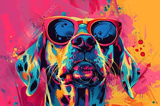 AI-generated illustration of A vibrant dog is portrayed in sunglasses in pop art style