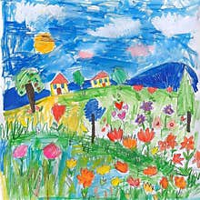 Children's drawings drawn with colored paints of trees, flowers, plants, fields