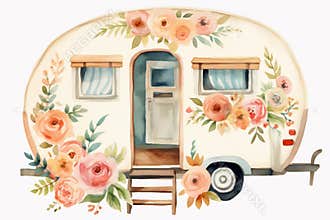 Watercolor illustration of a floral decorated camper