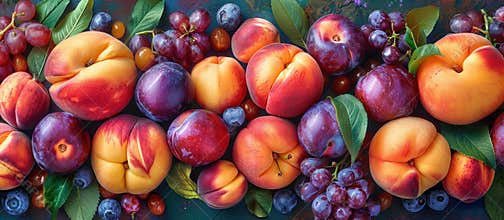 Ripe peaches and plums with grapes