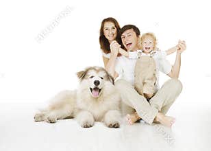 Family and dog, happy smiling father mother and laughing child