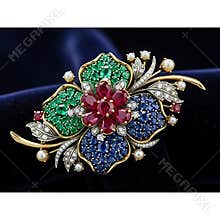 Exquisite floral brooch richly adorned with vibrant rubies, sapphires, emeralds, and lustrous pearls