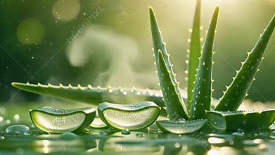 Fresh aloe vera leaves standing upright on a glossy surface, macro video showcasing their ultra-realistic details and cinematic