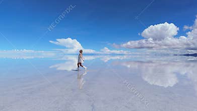 A woman walks across the expansive Salar de Uyuni in Bolivia, her reflection mirrored in the crystal-clear waters beneath a bright