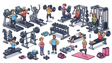 Detailed cartoon gym scene with fitness equipment and characters, isolated on white background.