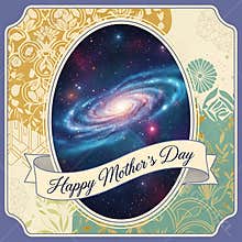 Cosmic galaxy design celebrating mothers with vintage patterned borders and beautiful script text