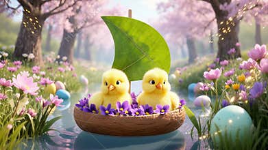 Easter chicks float in a nutshell boat decorated with violets. Flowers surround them, colorful Easter eggs float, and gold flakes.