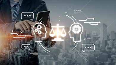 Business professional using smartphone with legal and technology concepts represented, showcasing balance between human