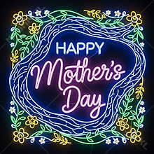 Vibrant floral neon sign brightly illuminates "Happy Mother's Day" message for celebration