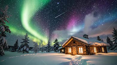 Chilly forest lodge under dancing auroras, Quiet snowcovered cabin illuminated by vibrant aurora lights