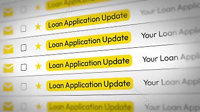 Digital motion graphics animation showing a list of loan application update email notifications on a computer screen interface