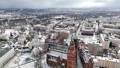Aerial view of Legnica old town with Cathedral of Saint Apostles Peter and Paul in Legnica.