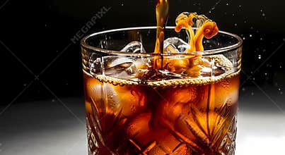 Refreshing Cold Drink Poured into a Glass with Ice Cubes