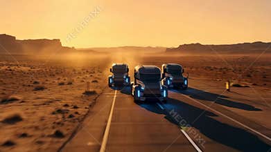 Cinematic tracking shot of a convoy of futuristic autonomous electric semi trucks driving on a desert highway at sunset