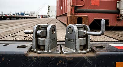 Heavy duty metal twist locks secure a large shipping container onto a flatbed trailer deck