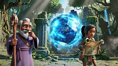 Cartoon wizard and young adventurer girl discovering glowing blue orb in ancient jungle ruins. Concept of magical quest, fantasy